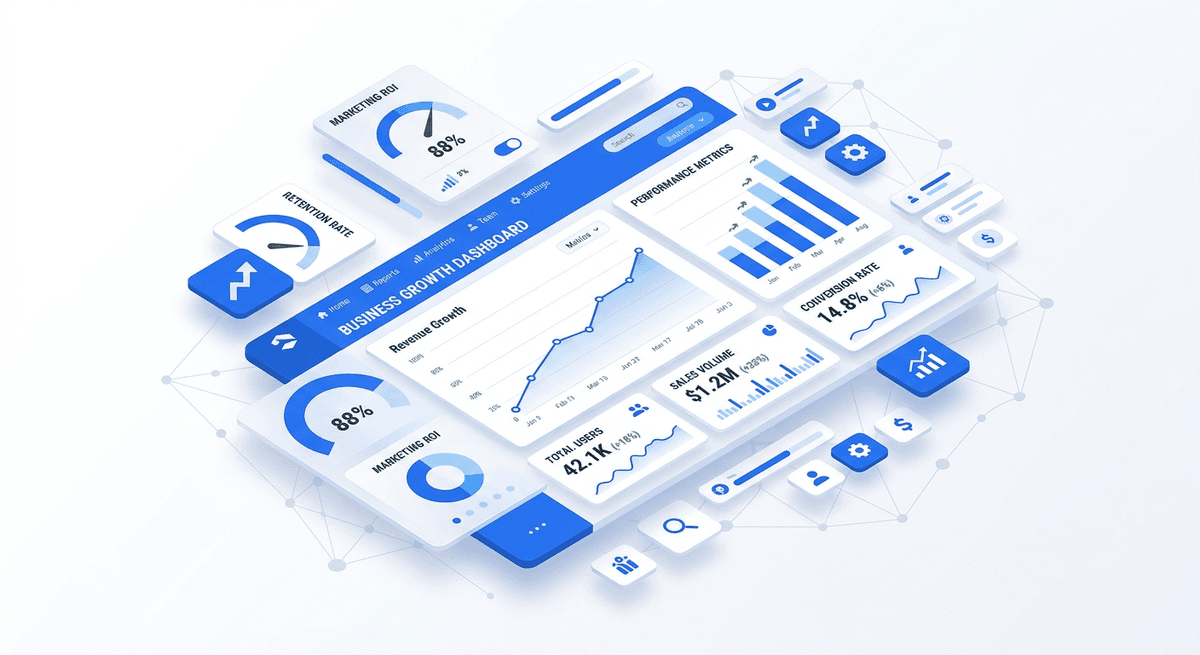Ilustración de dashboard con métricas y crecimiento